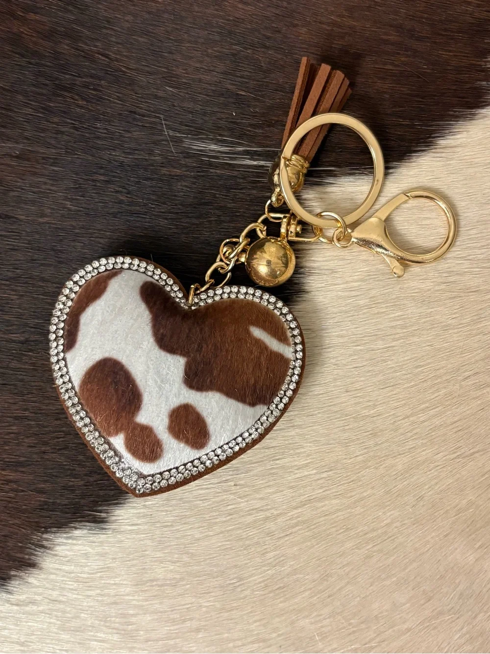 Cowhide Heart Keychain with Rhinestone Trim - Brown & White